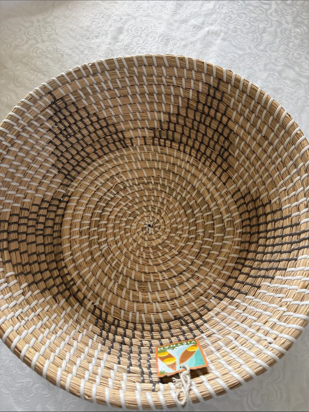 Natural Woven Basket Bowl - Tan, white & gray